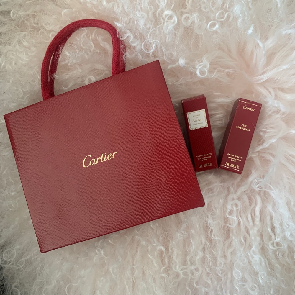 Mini Cartier shopping bag (4.75in x 5.5 in) and two fragrance samples